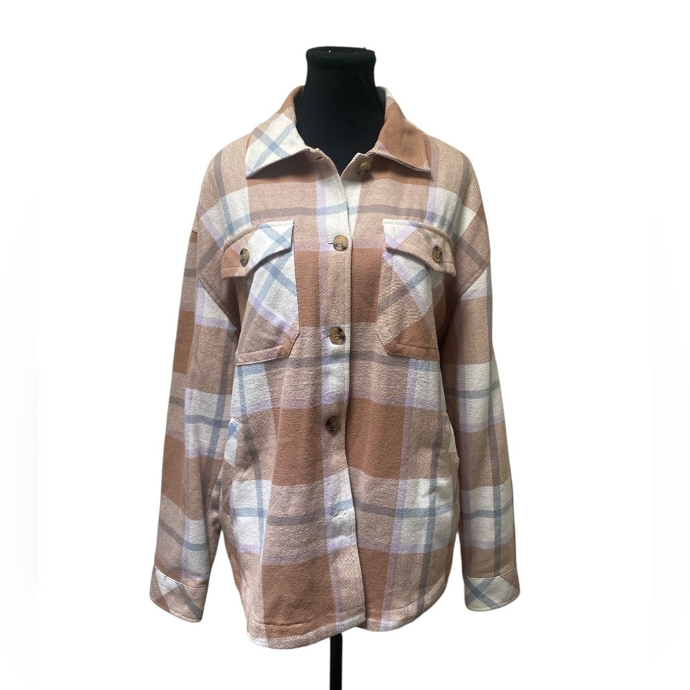 Aeropostale Women's Plaid Utility Jacket - Brown and Cream GUC S